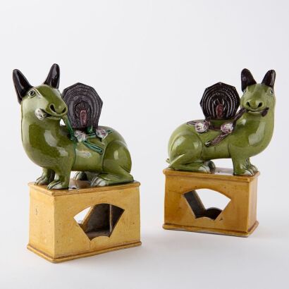 A Pair of Chinese 17th-18th century famille-verte hare ornaments