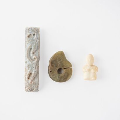 A Chinese Han dynasty style 'chilong' jade sword and A Chinese Han dynasty style jade 'figure' pendant and A Chinese Hongshan culture style jade 'pig dragon' pendant