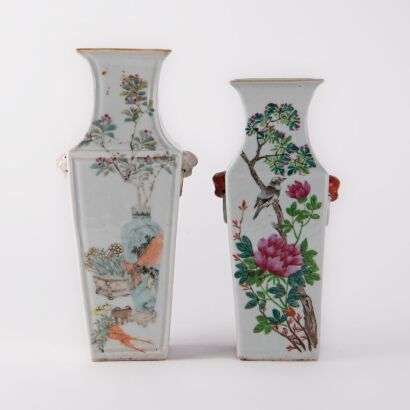 Two Chinese Qing dynasty shallow famille-rose 'floral and bird' square vase