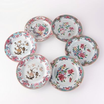 A group of six Chinese Qing dynasty export famillie rose floral plates minor damages in three of them