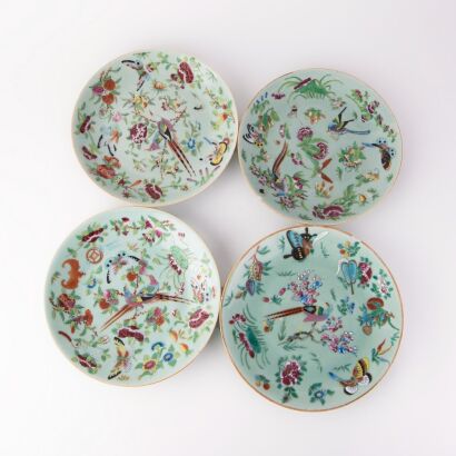 Four Chinese mid Qing dynasty celedon glazed famille-rose 'floral and birds' dishes