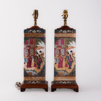 A pair of Chinese canton famille-rose 'figural' lamps