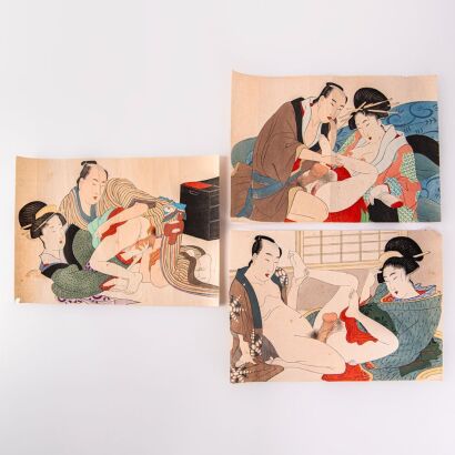 Three Japanese Early 20th Century Hand-drawn Erotic Ukiyo-e