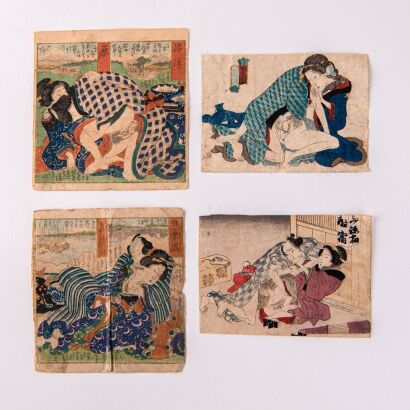 Four Small Japanese 19th Century Erotic Ukiyo-e Paintings