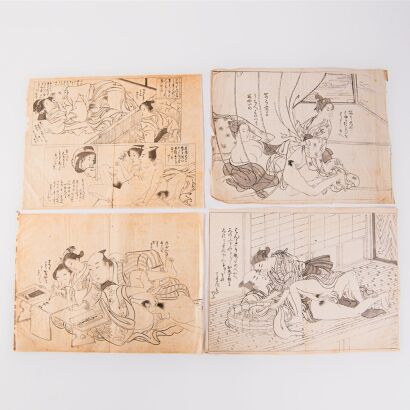 Four Japanese 20th Century Hand-drawn Erotic Ukiyo-e Paintings