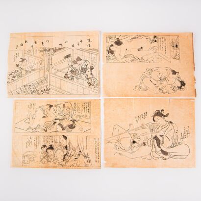 Four Japanese 20th Century Hand-drawn Erotic Ukiyo-e Paintings