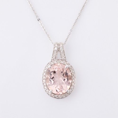 9ct White Gold, Morganite / .20ct Diamond Pendant on 45cm Chain