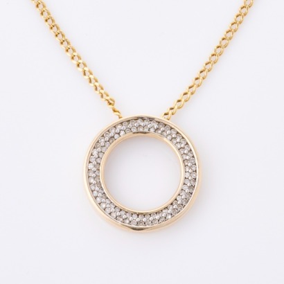 10ct Yellow Gold, .45ct Diamond Set Circle Pendant on 18ct Yellow Gold Chain