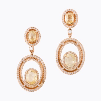 18ct Rose Gold, Modern, Yellow Sapphire / 2.00ct Diamond Drop Earrings