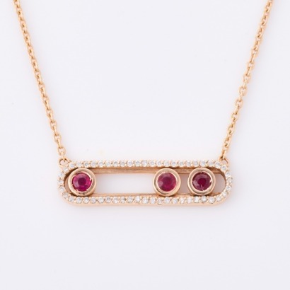 14ct Rose Gold, Modern, .20ct Diamond / 3.5mm Ruby Necklace on 48cm Rose Gold Chain