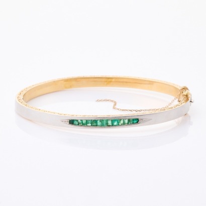 14ct Yellow Gold / Platinum, Vintage, 1.00ct Emerald Hinged Bangle