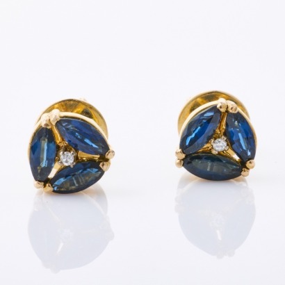 14ct - 18ct Yellow Gold, Modern, Marquise Cut Sapphire / .02ct Diamond Stud Earrings