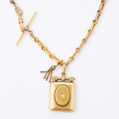 18ct - 20ct Yellow Gold, 36cm Fancy Link Fob Chain with Diamond Set Locket and T bar