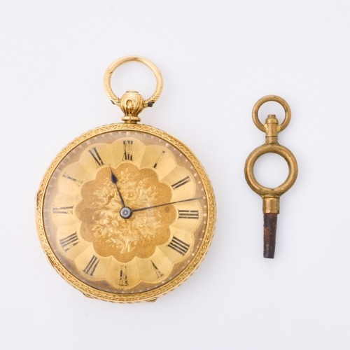 18ct Yellow Gold, Open Faced Pocket Watch with Key