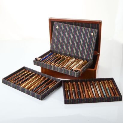 Piquadro Leather Pen Box with 30 Assorted Parker Pens