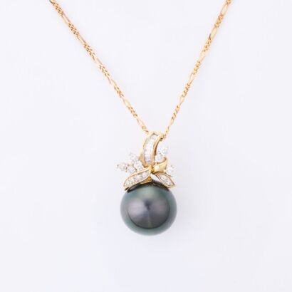 14ct Yellow Gold, South Sea 14mm Pearl / .40ct Diamond Pendant on a 44cm, 9ct Rose Gold Chain