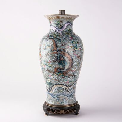 A Chinese 19th century famille rose 'dragon' vase (mounted to table lamp)