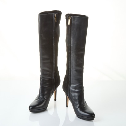 Jimmy Choo Black Leather Heel Long Boots, Size 35.5