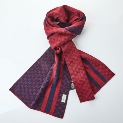 Gucci Red and Navy GG 100% Wool Scarf