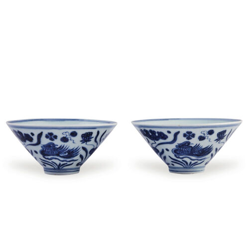 Two Chinese Blue and White Bowls decorated with flower and bird (Da Ming Xuande Nian Zhi Mark)