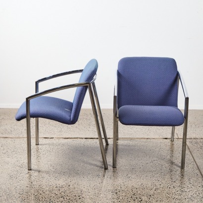 A Pair Of Post Modern Chairs With Blue Upholstery & Chrome Frames
