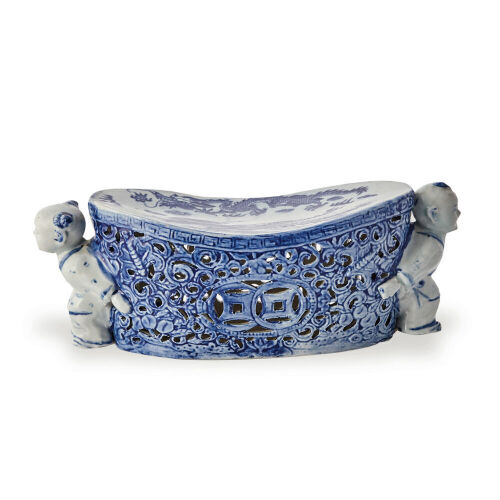 A Blue and White Porcelain Pillow decorated with boys, dragon and phoenix pattern