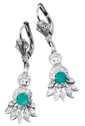 14ct White Gold Antique Emerald and Diamond Earrings