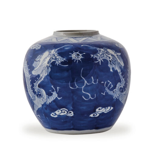 A Chinese Qing Dynasty Guangxu Period Blue and White Jar decorated with a pair of dragon