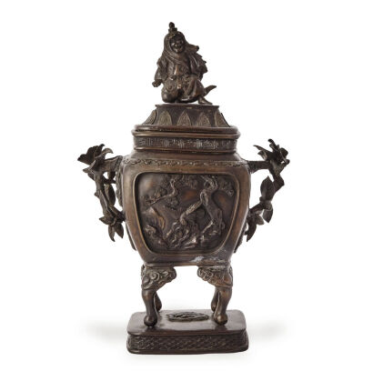 A Japanese Meiji Period Bronze Incense Burner with cover