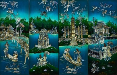 A Set of Four Japanese Enamel and Mother of Pearl Wall Hangings