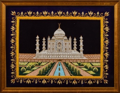 A Vintage Framed Hand Embroidered Taj Mahal in a Glass Frame
