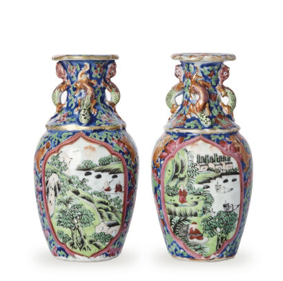 A Pair Of Chinese Late Qing Dynasty Canton Famille Rose Vases with four dragon-shape ears