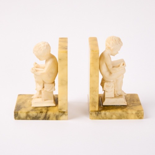 A Pair Of Handcarved Alabaster A Santini Italy Children Reading Writing Marble Bookends