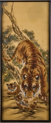 A Mid-Century Framed Japanese Painting Of A Tiger And Cubs On Silk