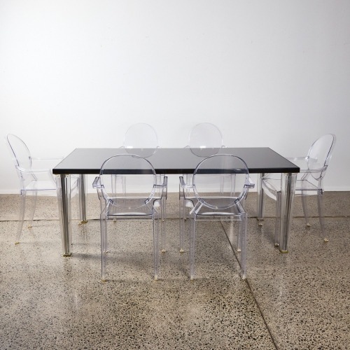 A Phillipe Starck Top Top Table For Kartell Dining Set With Six Ghost Chairs