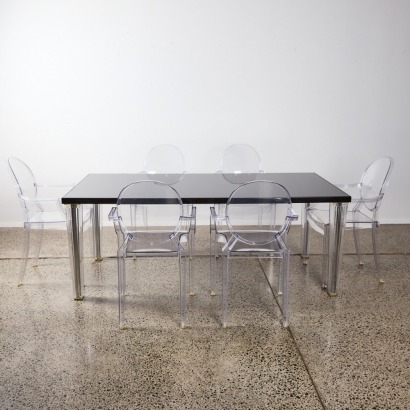 A Phillipe Starck Top Top Table For Kartell Dining Set With Six Ghost Chairs