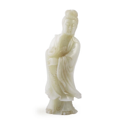 A Chinese Qing Dynasty Hetian White Jade Carved Guanyin Statue