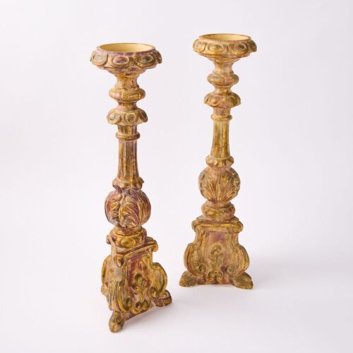 A Pair Of Large Heavy French Handpainted Candlesticks