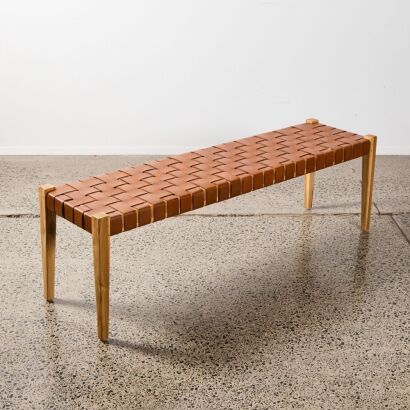 A Teak & Tan Leather Bench Seat