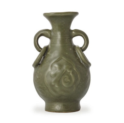 A Chinese Ming Dynasty Longquan Celadon Flat Bottle decorated with fortune and longevity characters