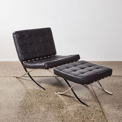 A Barcelona Style Chair with Footstool by Mies Van Der Rohe