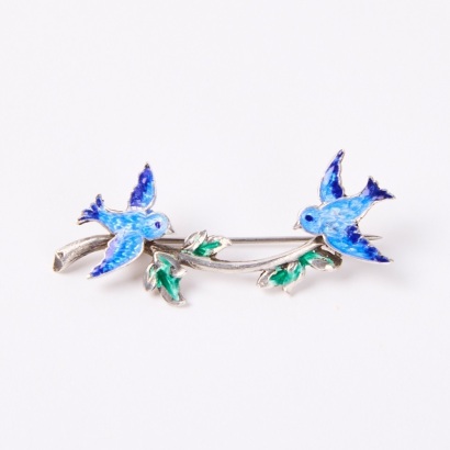 A Vintage Sterling Silver & Enamel Bluebirds Brooch