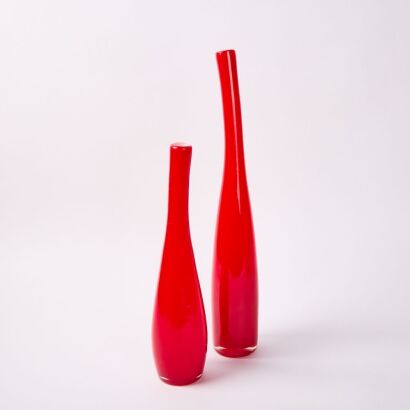 A Pair of Hand Blown Glass Vases In Red