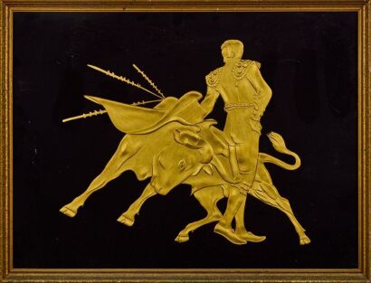 A Vintage Heavy Glass with Gold Gilded Bull and Matador Wall Hanging