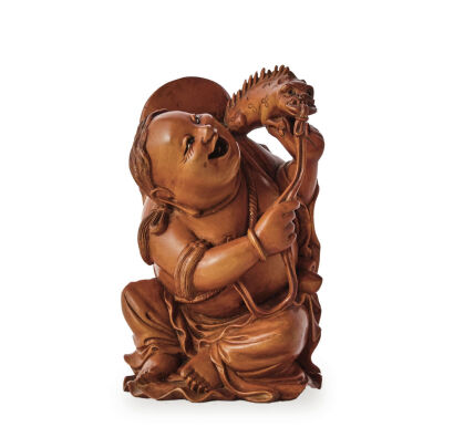 A Late 19th Centry Chinese Boxwood Carved Liuhai and Toad