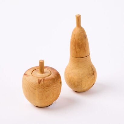 A Pair Of Hand Turned Fruit Wood Jewellery Boxes In The Form Of An Apple And A Pear