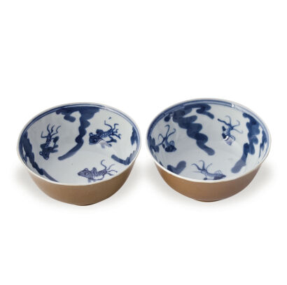 A Pair of Chinese Mid Qing Dynasty Brown Glazed Blue and White Bowl decorated with goldfish