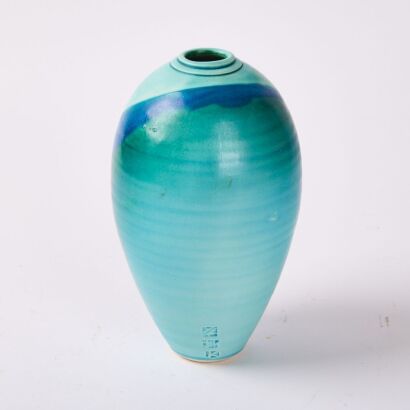 A Kim Morgan Studio Pottery Vase with a Blue and Aquamarine Glaze