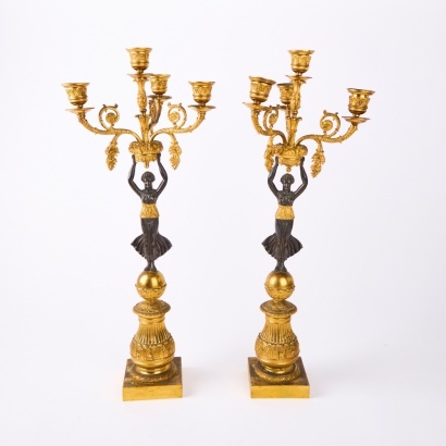 A Pair of Reproduction French Empire Period Bronze Gilt Candelabras
