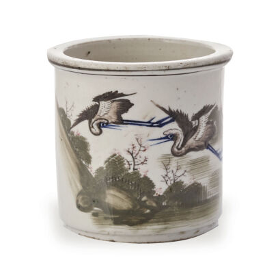 A 19th Century Chinese Hunan Liling Underglazed Tri-colour Pen Holder decorated with a pair of crane (XikangYuchen Mark)